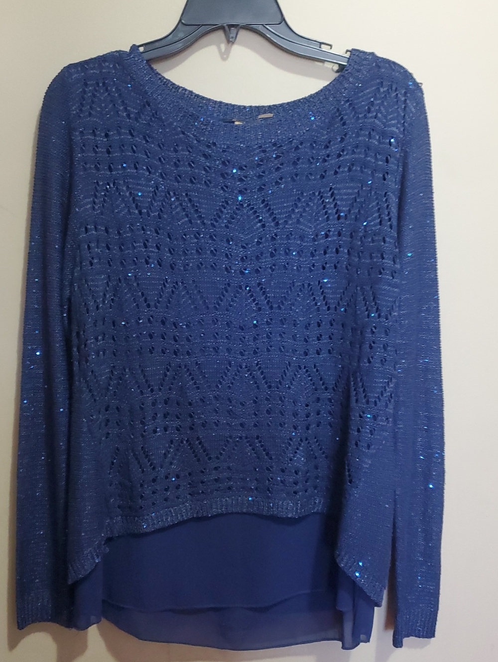 Milano Piontelle Sparkling Navy Blue Lined Knit Sweater Size Large